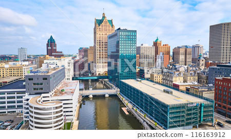 Aerial View of Milwaukee Cityscape with River and Skyscrapers Aerial View of Milwaukee Cityscape with River and Skyscrapers 116163912