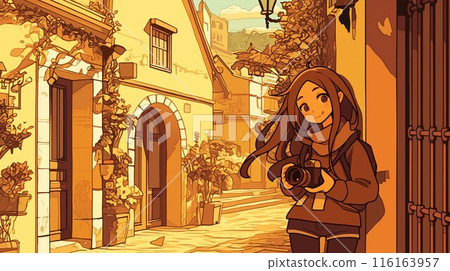 Woman holding a camera in the city 116163957