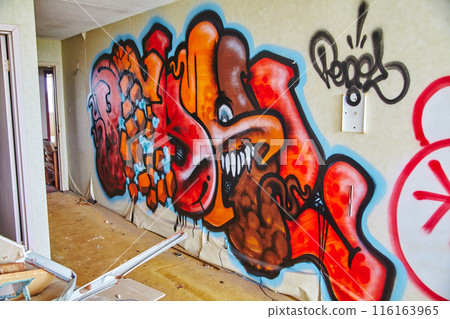 Vibrant Urban Graffiti on Abandoned Hotel Wall, Eye Level View 116163965