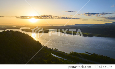 Aerial Sunset Over Serene River and Lush Columbia Gorge 116163986