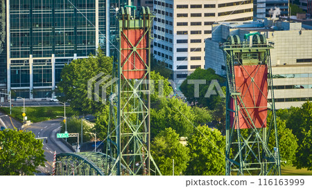Aerial View of Hawthorne Bridge Towers Against Portland Skyline Aerial View of Hawthorne Bridge Towers Against Portland Skyline 116163999