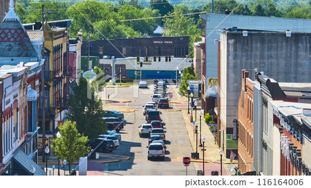 Aerial View of Vibrant Small-Town Main Street with Historic Buildings 116164006