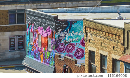 Aerial View of Colorful Mural and Downtown Huntington Indiana 116164008
