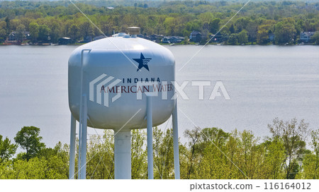 Aerial View of Indiana Water Tower, Lake, and Community Aerial View of Indiana Water Tower, Lake, and Community 116164012
