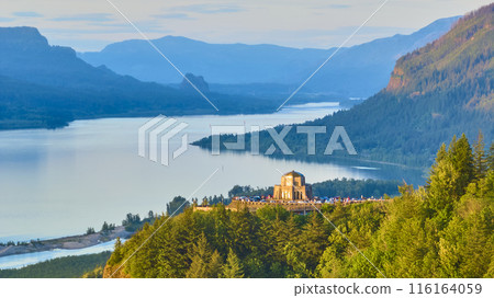 Aerial View of Vista House Overlooking Serene Lake and Rolling Hills 116164059
