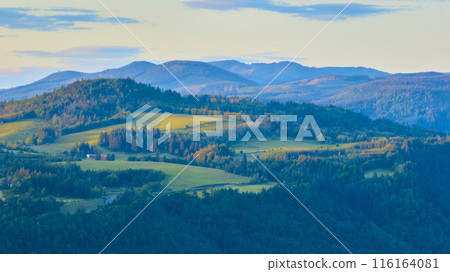 Aerial View of Rolling Hills and Forests at Sunrise in Oregon Aerial View of Rolling Hills and Forests at Sunrise in Oregon 116164081