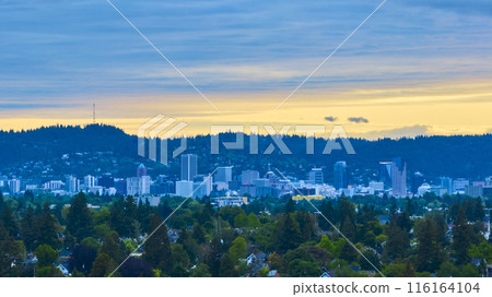 Aerial View of Portland Skyline with Green Hills and Suburban Foreground 116164104