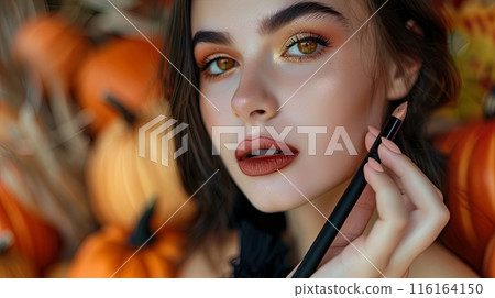 A young woman with striking makeup and deep brown eyes holds an eyeliner pencil 116164150