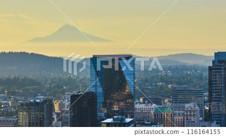 Aerial View of Portland Skyline with Mount Hood at Golden Hour 116164155