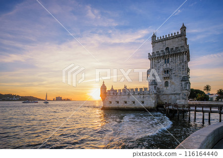 Belem Tower on the bank of the Tagus River on sunset. Lisbon, Portugal Belem Tower on the bank of the Tagus River on sunset. Lisbon, Portugal 116164440