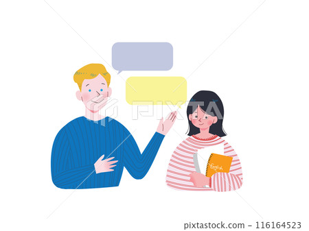 A young Japanese woman with black bob hair smiling and conversing in English with a blonde Caucasian man studying abroad, upper body, flat illustration 116164523