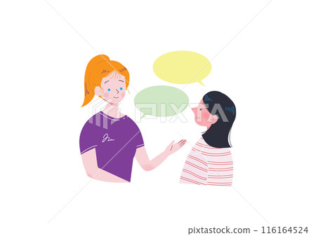 A young Japanese woman with black bob hair smiling and conversing in English with a blonde white woman studying abroad, upper body, flat illustration 116164524