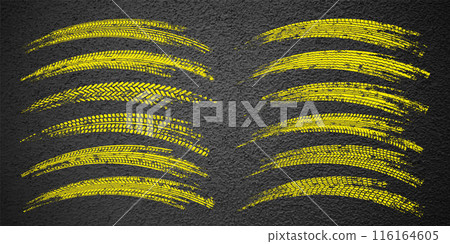 Yellow grunge tire tracks, wheel braking marks. Truck, car or motorcycle tread pattern silhouettes. Auto race, motorsport, speed racing design element. Asphalt texture. Vector illustration Yellow grunge tire tracks, wheel braking marks. Truck, car or motorcycle tread pattern silhouettes. Auto race, motorsport, speed racing design element. Asphalt texture. Vector illustration 116164605