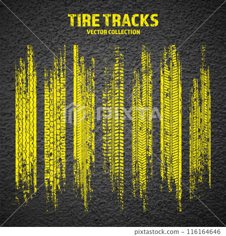 Yellow grunge tire tracks, wheel braking marks. Truck, car or motorcycle tread pattern silhouettes. Auto race, motorsport, speed racing design element. Asphalt texture. Vector illustration 116164646