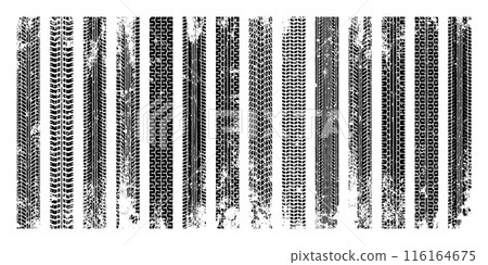 Grunge tire tracks, wheel braking marks. Truck, car or motorcycle tread pattern silhouettes. Auto race, motorsport, speed racing design element. Vector illustration Grunge tire tracks, wheel braking marks. Truck, car or motorcycle tread pattern silhouettes. Auto race, motorsport, speed racing design element. Vector illustration 116164675