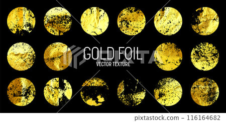 Grunge gold foil, shiny handmade circles. Golden glittering texture, pattern. Luxury shining hand drawn background. Wedding, greeting card decoration elements. Modern art. Vector illustration Grunge gold foil, shiny handmade circles. Golden glittering texture, pattern. Luxury shining hand drawn background. Wedding, greeting card decoration elements. Modern art. Vector illustration 116164682