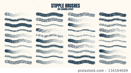 Stipple scatter brush, ink drawing and texturing. Fading gradient. Stippling, dotwork drawing, shading using dots. Halftone disintegration effect. White noise grainy texture. Vector illustration 116164689