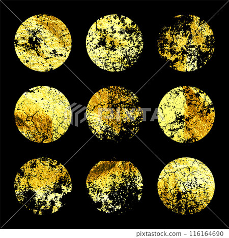 Grunge gold foil, shiny handmade circles. Golden glittering texture, pattern. Luxury shining hand drawn background. Wedding, greeting card decoration elements. Modern art. Vector illustration Grunge gold foil, shiny handmade circles. Golden glittering texture, pattern. Luxury shining hand drawn background. Wedding, greeting card decoration elements. Modern art. Vector illustration 116164690