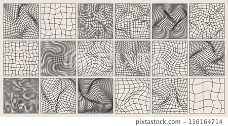 Wireframe shapes, lined perspective mesh, 3d grid. Low poly geometric elements. Retro futuristic design elements, y2k, vaporwave and synthwave style. Vector illustration Wireframe shapes, lined perspective mesh, 3d grid. Low poly geometric elements. Retro futuristic design elements, y2k, vaporwave and synthwave style. Vector illustration 116164714