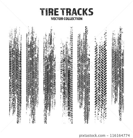 Grunge tire tracks, wheel braking marks. Truck, car or motorcycle tread pattern silhouettes. Auto race, motorsport, speed racing design element. Vector illustration Grunge tire tracks, wheel braking marks. Truck, car or motorcycle tread pattern silhouettes. Auto race, motorsport, speed racing design element. Vector illustration 116164774