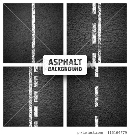 Asphalt road with white cracked lane marking, concrete highway surface, texture. Street traffic line, road dividing strip. Pattern with grainy structure, grunge stone background. Vector illustration 116164779