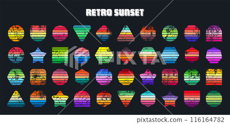 Grunge vintage sunset collection. Various colorful striped sunrise badges in 80s and 90s style. Sun and ocean view, summer vibes, surfing. Design element, print, logo or t-shirt. Vector illustration Grunge vintage sunset collection. Various colorful striped sunrise badges in 80s and 90s style. Sun and ocean view, summer vibes, surfing. Design element, print, logo or t-shirt. Vector illustration 116164782