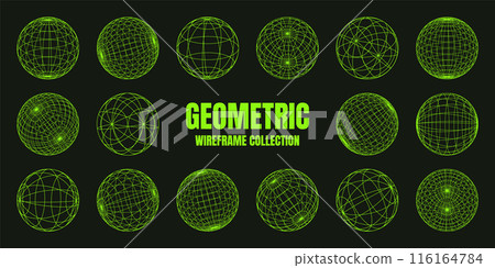 Wireframe shapes, lined sphere. Perspective mesh, 3d grid. Low poly geometric elements. Retro futuristic design elements, y2k, vaporwave and synthwave style. Vector illustration 116164784
