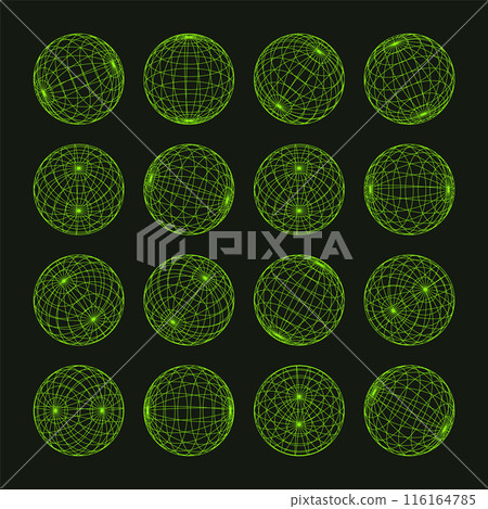 Wireframe shapes, lined sphere. Perspective mesh, 3d grid. Low poly geometric elements. Retro futuristic design elements, y2k, vaporwave and synthwave style. Vector illustration Wireframe shapes, lined sphere. Perspective mesh, 3d grid. Low poly geometric elements. Retro futuristic design elements, y2k, vaporwave and synthwave style. Vector illustration 116164785