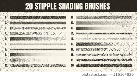 Stipple scatter brush, ink drawing and texturing. Fading gradient. Stippling, dotwork drawing, shading using dots. Halftone disintegration effect. White noise grainy texture. Vector illustration Stipple scatter brush, ink drawing and texturing. Fading gradient. Stippling, dotwork drawing, shading using dots. Halftone disintegration effect. White noise grainy texture. Vector illustration 116164826
