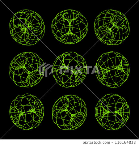Wireframe lined shapes. Perspective mesh, 3d grid. Low poly geometric elements. Retro futuristic design elements, y2k, vaporwave and synthwave style. Vector illustration Wireframe lined shapes. Perspective mesh, 3d grid. Low poly geometric elements. Retro futuristic design elements, y2k, vaporwave and synthwave style. Vector illustration 116164838