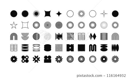 Brutalist geometric shapes, modern symbols. Simple primitive elements and forms. Retro design, trendy contemporary minimalist style, y2k. Vector illustration Brutalist geometric shapes, modern symbols. Simple primitive elements and forms. Retro design, trendy contemporary minimalist style, y2k. Vector illustration 116164932