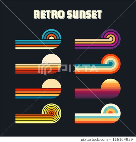 Vintage sunset collection. Various colorful striped sunrise badges in 80s and 90s style. Sun and ocean view, summer vibes, surfing. Design element for print, logo or t-shirt. Vector illustration 116164939