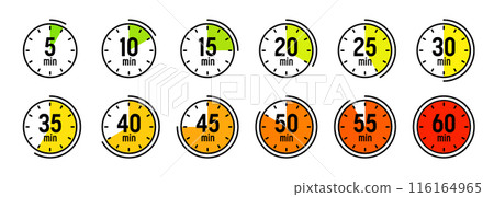 Stopwatch icons. Colorful simple chronometer, time counter with dial. Countdown timer showing hours and minutes. Deadline, measurement for sport. Cooking time label, sticker. Vector illustration Stopwatch icons. Colorful simple chronometer, time counter with dial. Countdown timer showing hours and minutes. Deadline, measurement for sport. Cooking time label, sticker. Vector illustration 116164965