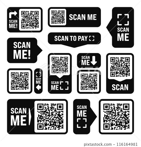 Scan me QR code sticker. Online payment. Special offer sale stickers, shopping discount label or promotional badge. Serial number, product ID. Supermarket retail label, price tag. Vector illustration 116164981