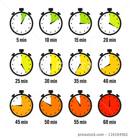Stopwatch icons. Colorful simple chronometer, time counter with dial. Countdown timer showing hours and minutes. Deadline, measurement for sport. Cooking time label, sticker. Vector illustration 116164982