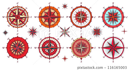 Vintage marine wind rose, nautical chart. Colorful navigational compass with cardinal directions of North, East, South, West. Geographical position, cartography and navigation. Vector illustration Vintage marine wind rose, nautical chart. Colorful navigational compass with cardinal directions of North, East, South, West. Geographical position, cartography and navigation. Vector illustration 116165003