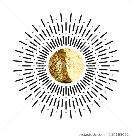 Vintage sunburst, sunset beams. Gold foil, shiny handmade circles. Golden glittering texture, pattern. Hand drawn bursting sun, light rays. Logotype or lettering, retro style. Vector illustration Vintage sunburst, sunset beams. Gold foil, shiny handmade circles. Golden glittering texture, pattern. Hand drawn bursting sun, light rays. Logotype or lettering, retro style. Vector illustration 116165031