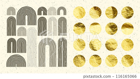 Mid century arch elements, modern geometric shapes. Gold foil, shiny handmade circles. Golden glittering texture, pattern. Contemporary design, minimalist art. Hand drawn lines. Vector illustration 116165066
