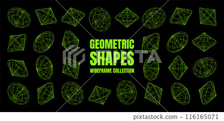 Wireframe lined shapes. Perspective mesh, 3d grid. Low poly geometric elements. Retro futuristic design elements, y2k, vaporwave and synthwave style. Vector illustration 116165071