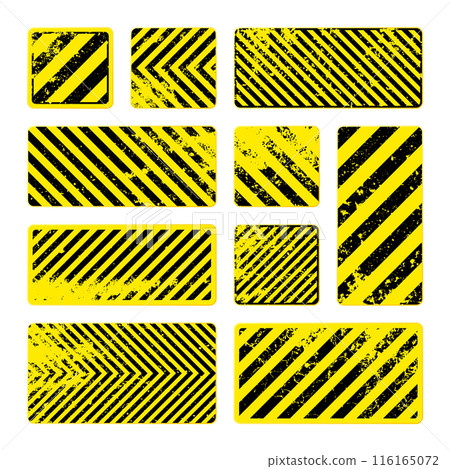 Various yellow grunge warning signs with diagonal lines. Old attention, danger or caution sign, construction site signage. Realistic notice signboard, warning banner, road shield. Vector illustration Various yellow grunge warning signs with diagonal lines. Old attention, danger or caution sign, construction site signage. Realistic notice signboard, warning banner, road shield. Vector illustration 116165072