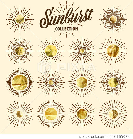 Vintage sunburst, sunset beams. Gold foil, shiny handmade circles. Golden glittering texture, pattern. Hand drawn bursting sun, light rays. Logotype or lettering, retro style. Vector illustration 116165074