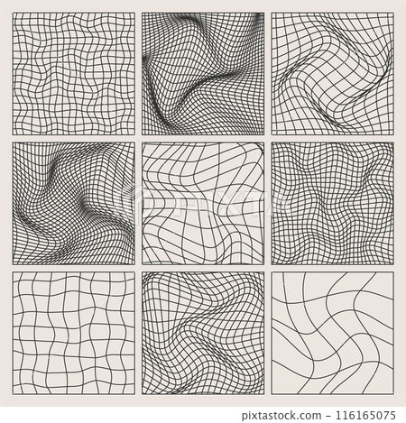 Wireframe shapes, lined perspective mesh, 3d grid. Low poly geometric elements. Retro futuristic design elements, y2k, vaporwave and synthwave style. Vector illustration 116165075