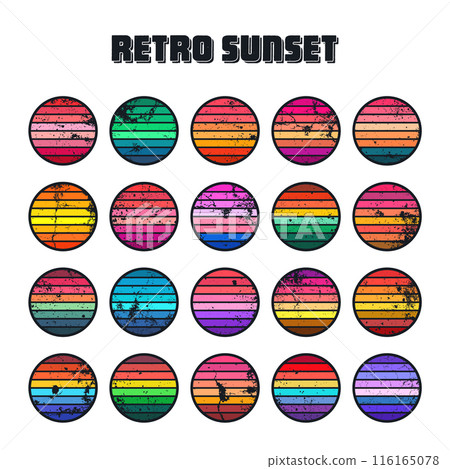 Grunge vintage sunset collection. Colorful striped sunrise badges in 80s and 90s style. Sun and ocean view, summer vibes, surfing. Design element for print, logo or t-shirt. Vector illustration Grunge vintage sunset collection. Colorful striped sunrise badges in 80s and 90s style. Sun and ocean view, summer vibes, surfing. Design element for print, logo or t-shirt. Vector illustration 116165078