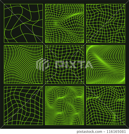 Wireframe shapes, lined perspective mesh, 3d grid. Low poly geometric elements. Retro futuristic design elements, y2k, vaporwave and synthwave style. Vector illustration 116165081