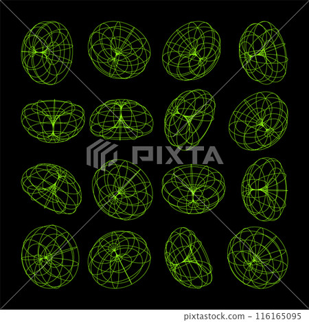 Wireframe lined shapes. Perspective mesh, 3d grid. Low poly geometric elements. Retro futuristic design elements, y2k, vaporwave and synthwave style. Vector illustration 116165095