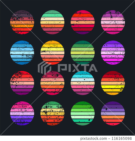 Grunge vintage sunset collection. Colorful striped sunrise badges in 80s and 90s style. Sun and ocean view, summer vibes, surfing. Design element for print, logo or t-shirt. Vector illustration 116165098