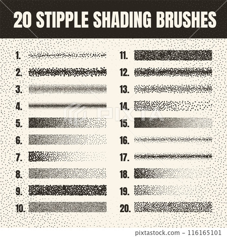 Stipple scatter brush, ink drawing and texturing. Fading gradient. Stippling, dotwork drawing, shading using dots. Halftone disintegration effect. White noise grainy texture. Vector illustration 116165101