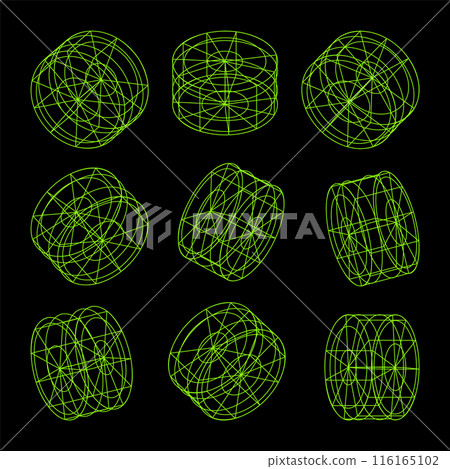 Wireframe lined shapes. Perspective mesh, 3d grid. Low poly geometric elements. Retro futuristic design elements, y2k, vaporwave and synthwave style. Vector illustration 116165102