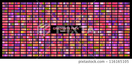 Red, violet glossy gradient, metal foil texture. Sunset color swatch set, summer vibes. Collection of high quality gradients. Shiny metallic background. Design element. Vector illustration 116165105