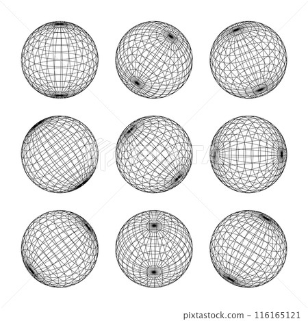 Wireframe shapes, lined sphere. Perspective mesh, 3d grid. Low poly geometric elements. Retro futuristic design elements, y2k, vaporwave and synthwave style. Vector illustration 116165121